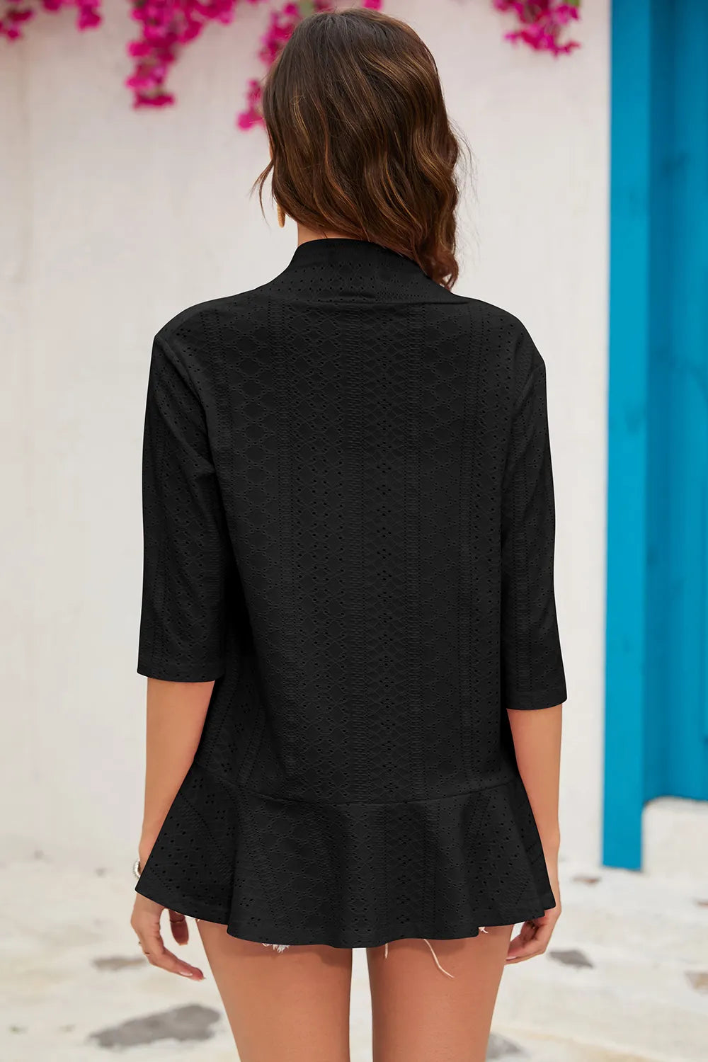 Eyelet Open Front Cardigan - Fashorio