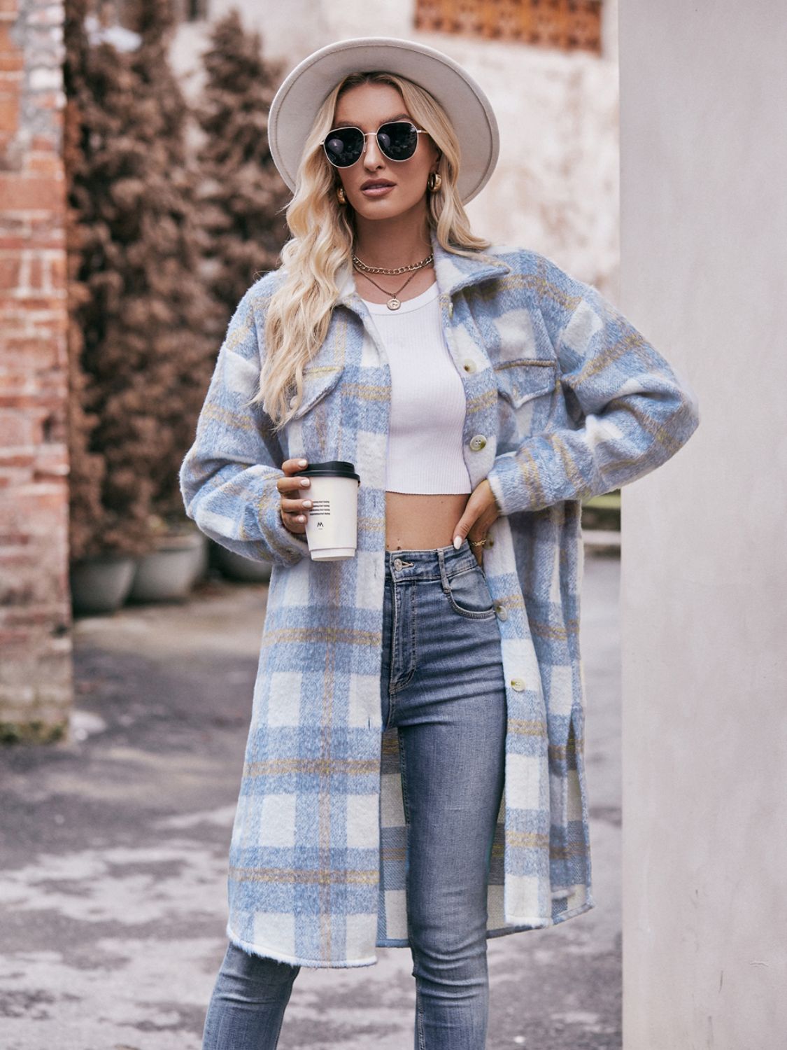 Mandy Plaid Dropped Shoulder Slit Coat - Fashorio