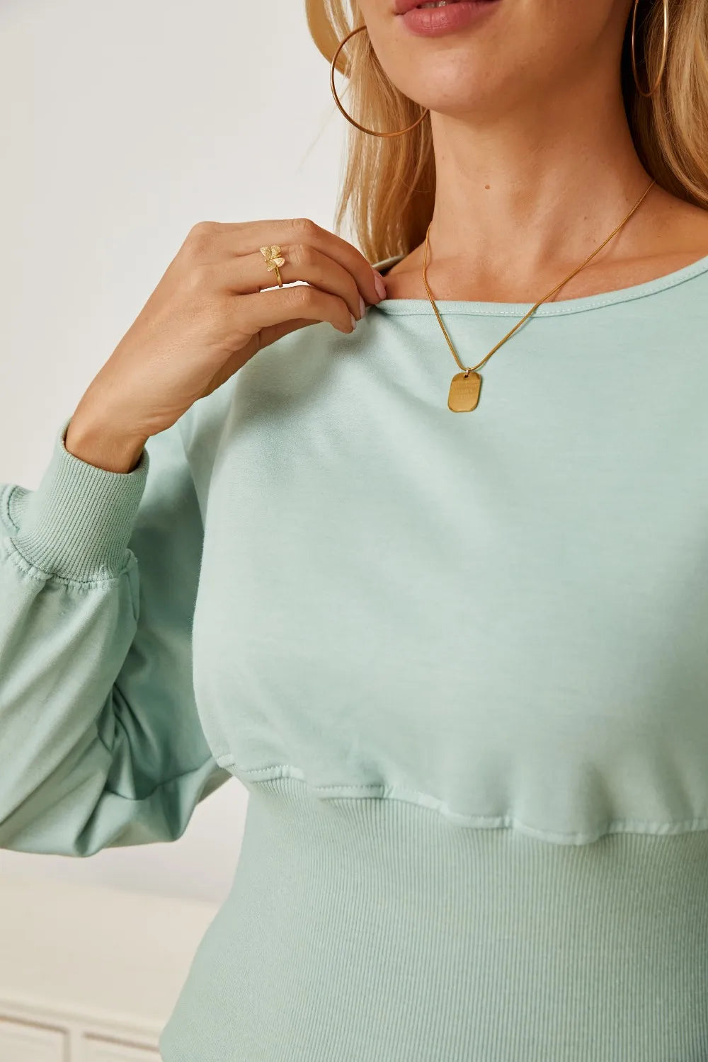 Boat Neck Lantern Sleeve Blouse - Fashorio