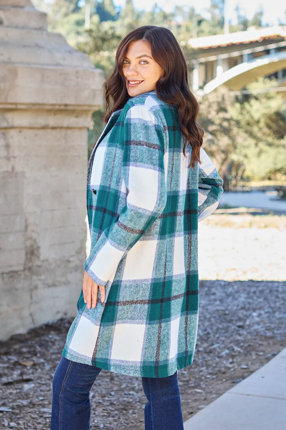 Double Take Full Size Plaid Button Up Lapel Collar Coat - Fashorio