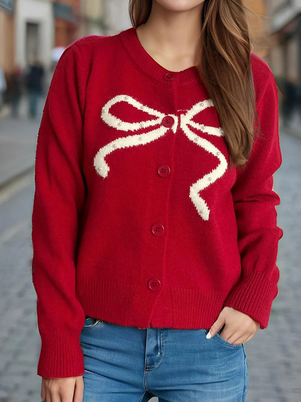 Bow Button Down Round Neck Cardigan Scarlet One Size - Fashorio