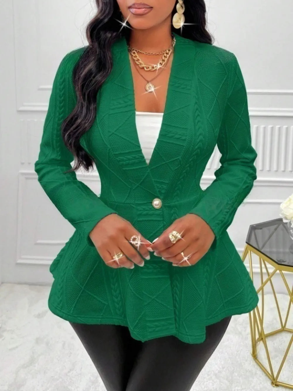 One Button Textured Peplum Cardigan - Fashorio