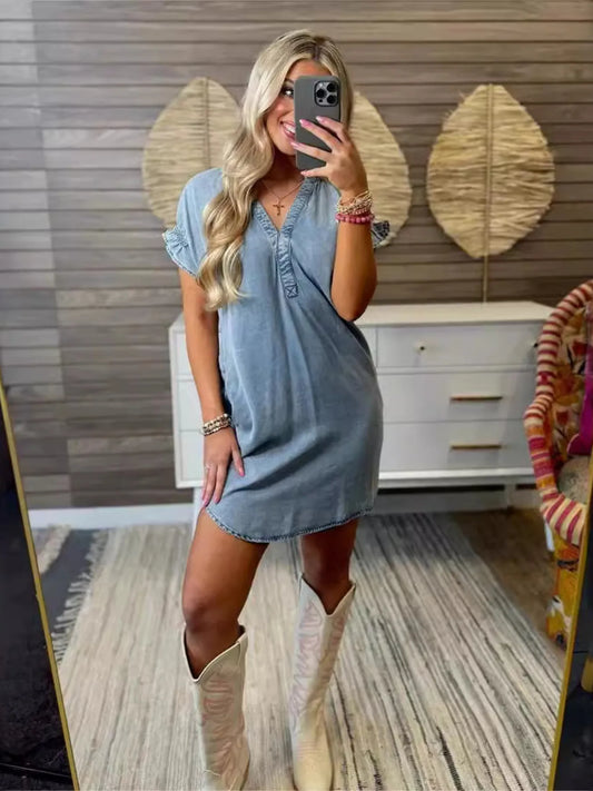 Full Size V-Neck Short Sleeve Denim Dress Plus Size Blue - Fashorio