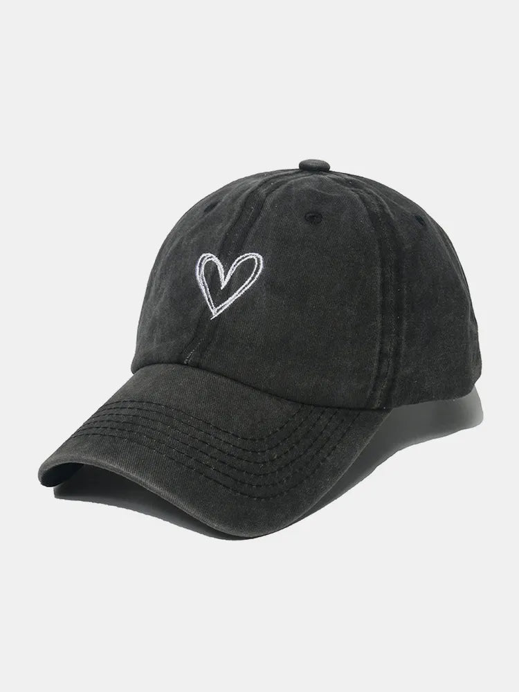 Embroidered Heart Washed Cotton Baseball Cap Black One Size - Fashorio