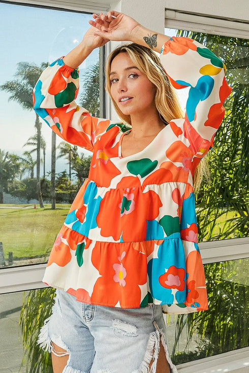 BiBi Floral Woven Tiered V Neck Top - Fashorio