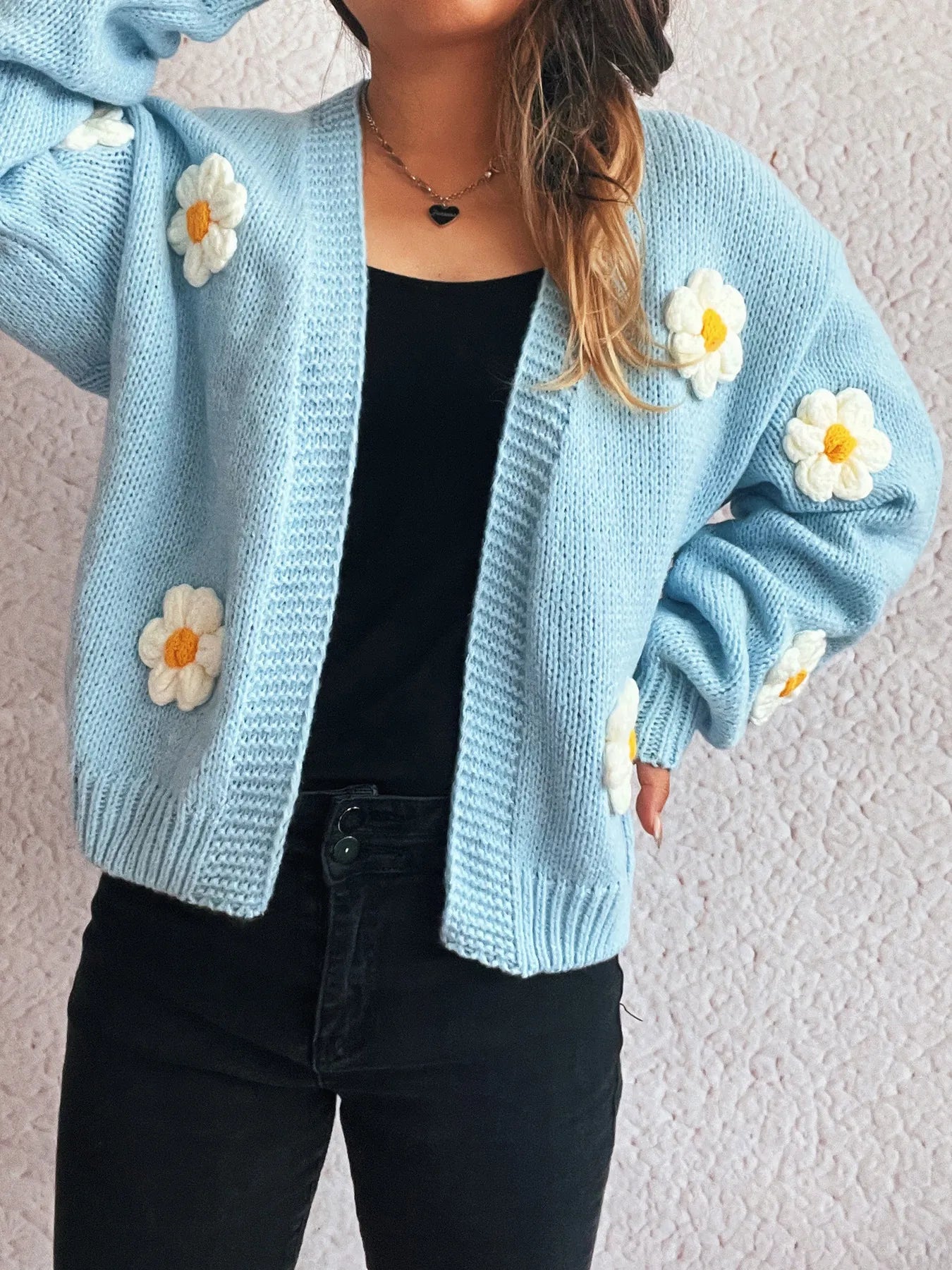 Flower Open Front Long Sleeve Cardigan - Fashorio