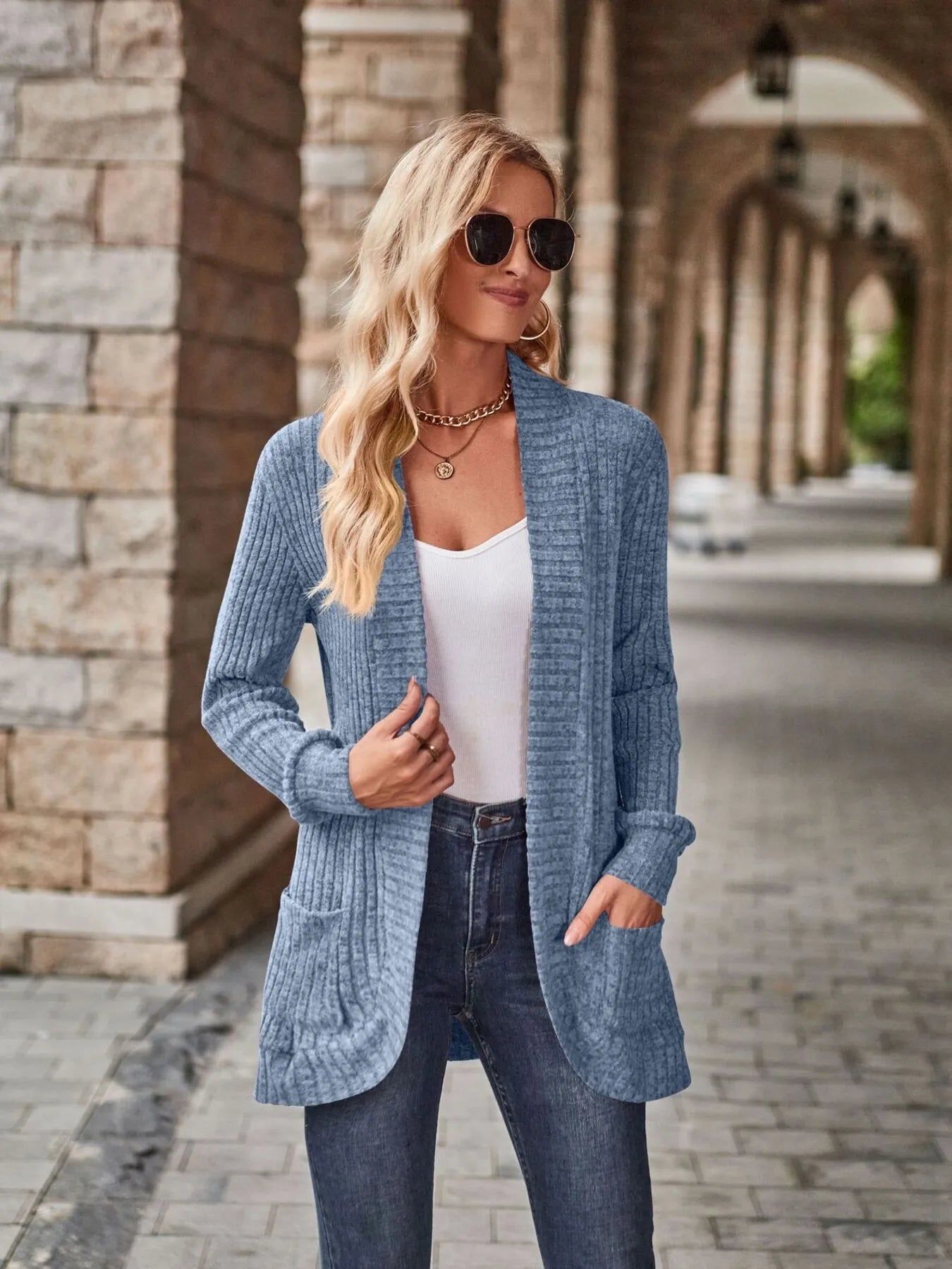 Ribbed Open Front Long Cardigan with Pockets - Fashorio