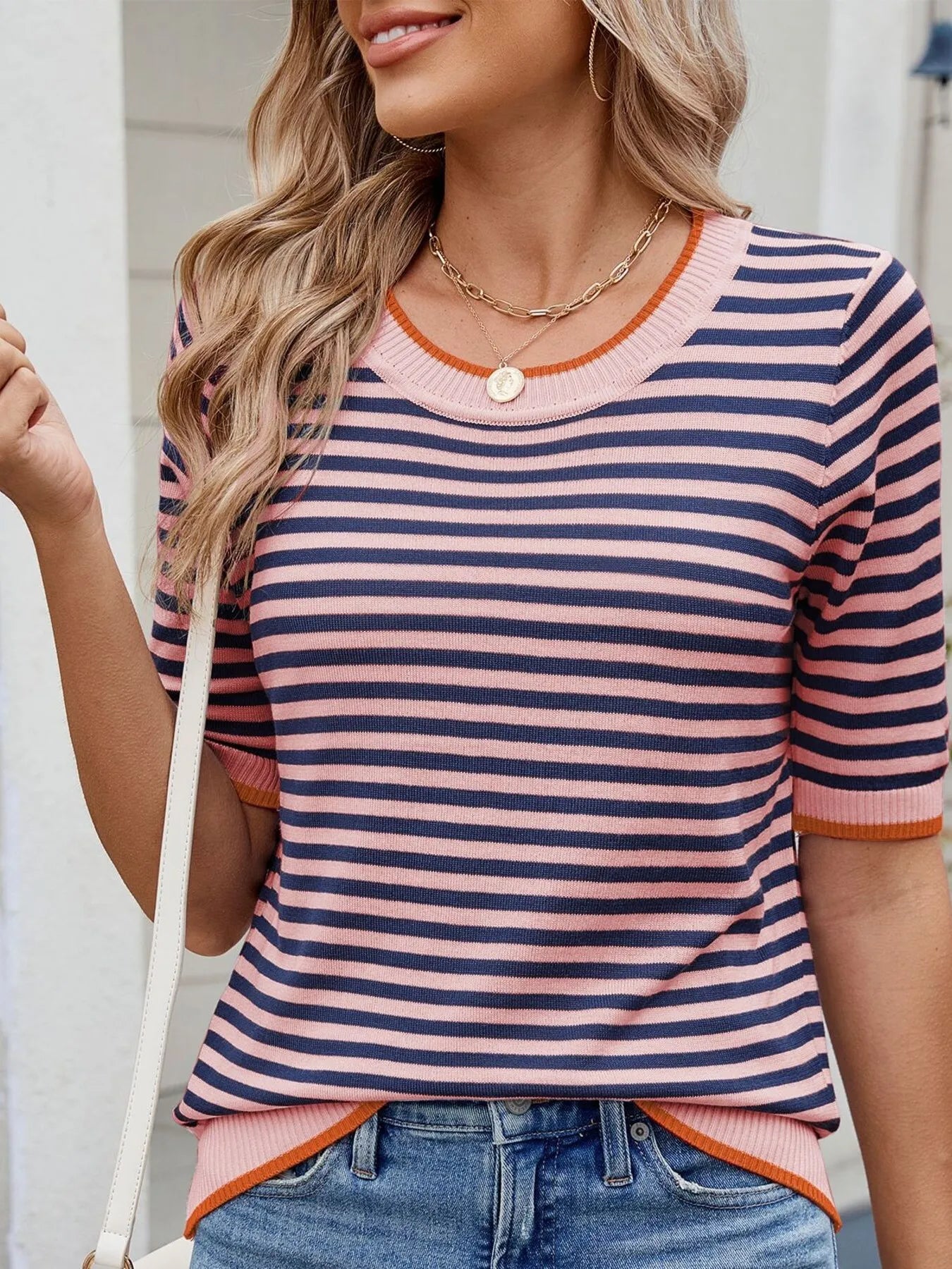 Striped Casual T-Shirt with Contrast Trim - Fashorio