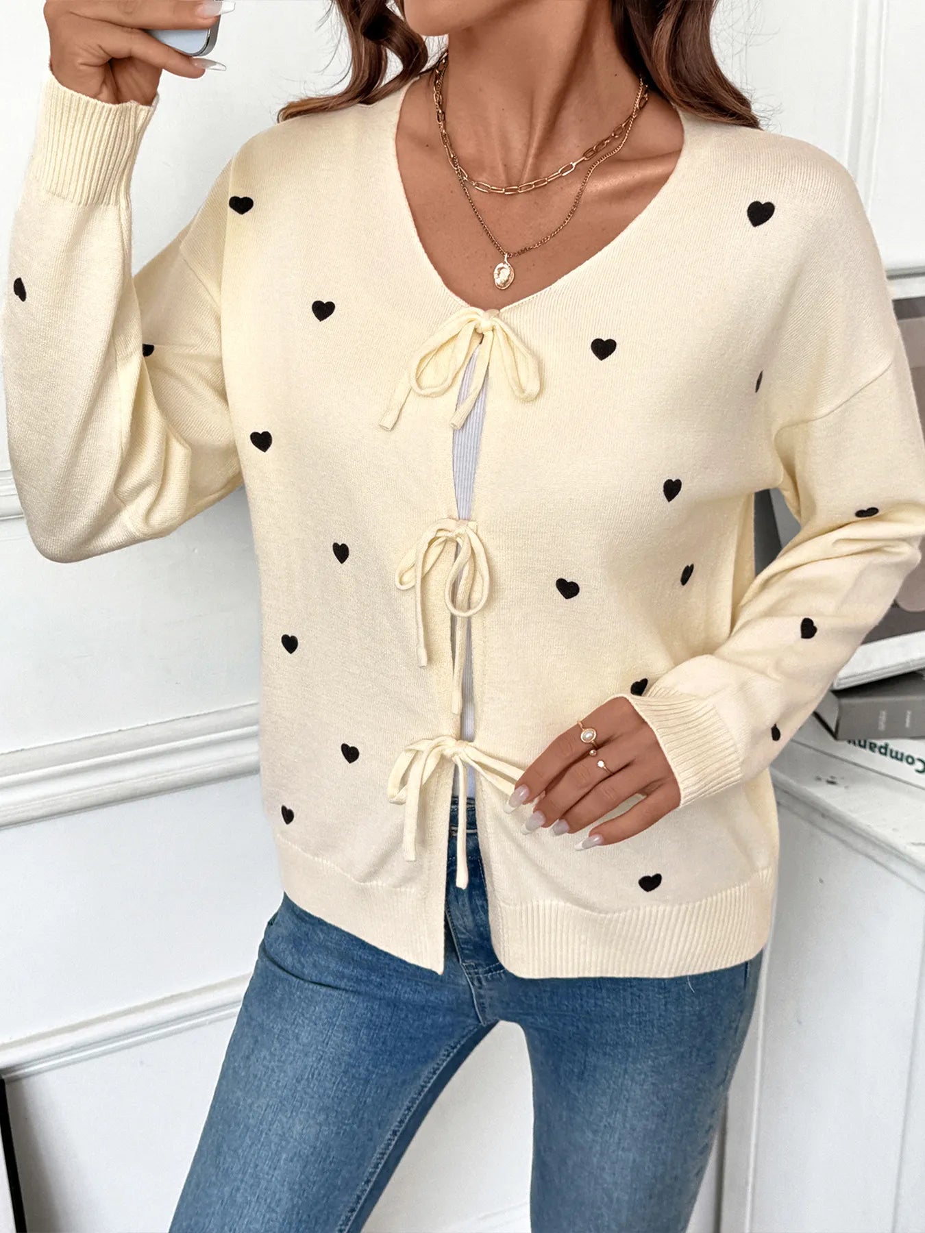Heart Tie-Front Long Sleeve Cardigan - Fashorio