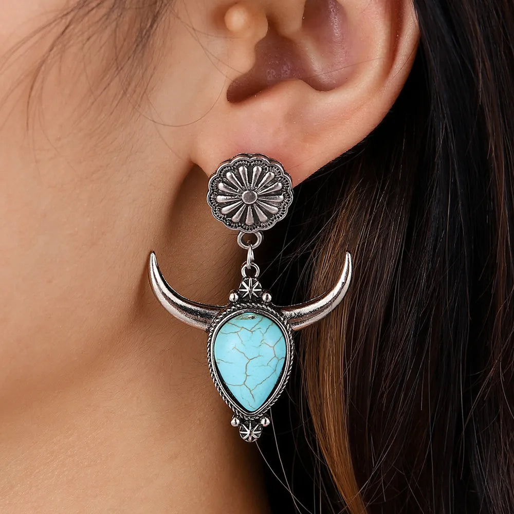 Artificial Turquoise Alloy Cow Head Earrings - Fashorio