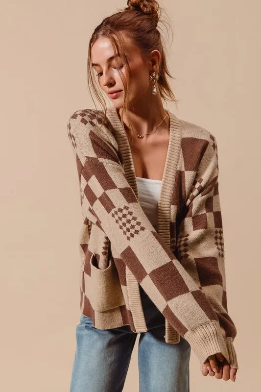 SO ME Checkered Open Front Cardigan with Pockets - Fashorio