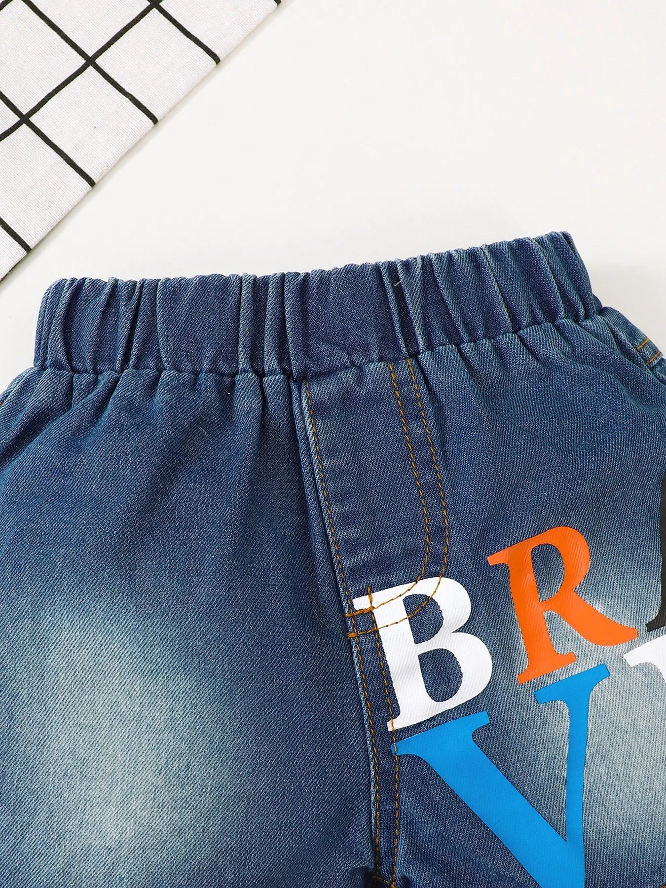 Children's Letter Round Neck Top and Denim Shorts Set - Fashorio