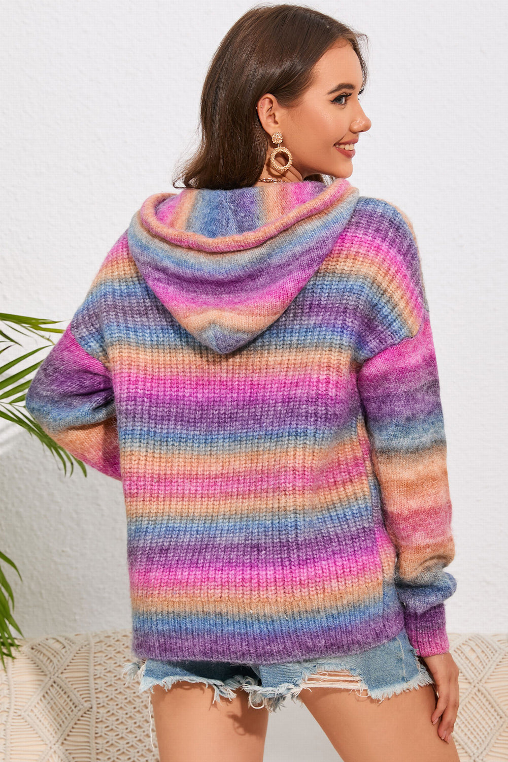 Multicolor Dropped Shoulder Hooded Sweater - Fashorio