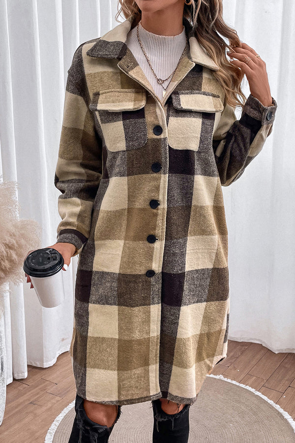 Plaid Button Down Longline Coat Khaki - Fashorio
