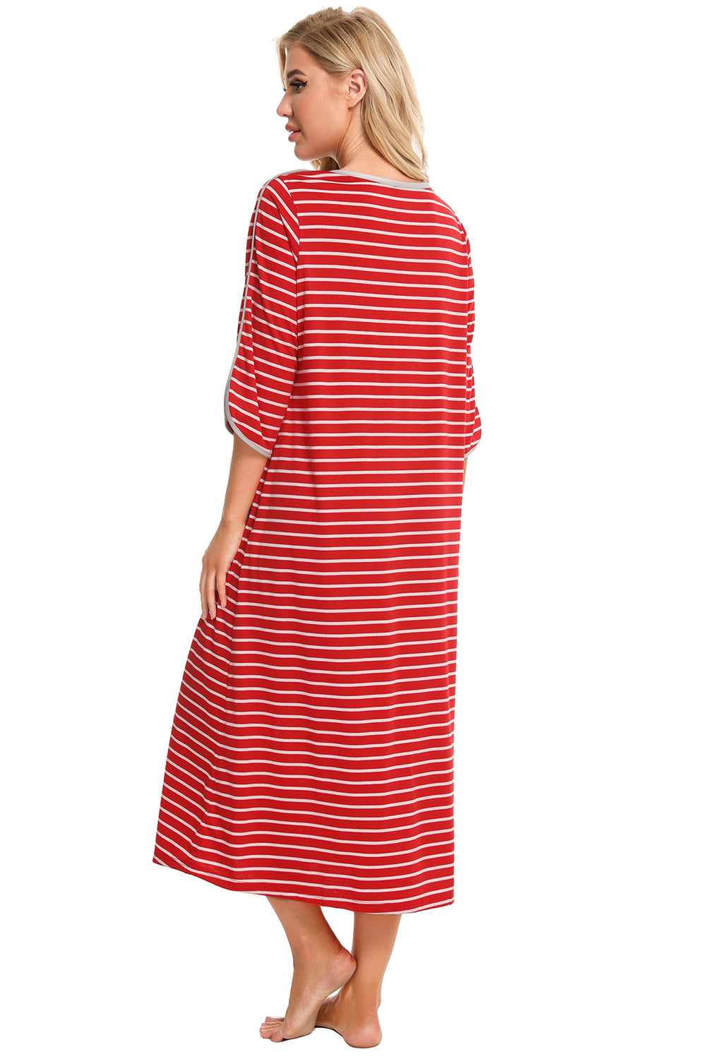 Round Neck Three-Quarter Sleeve Midi Night Dress - Fashorio