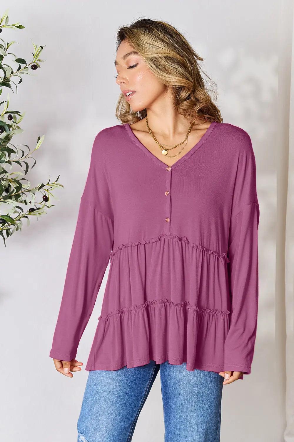 Double Take Half Button Long Sleeve Ruffle Hem Blouse - Fashorio