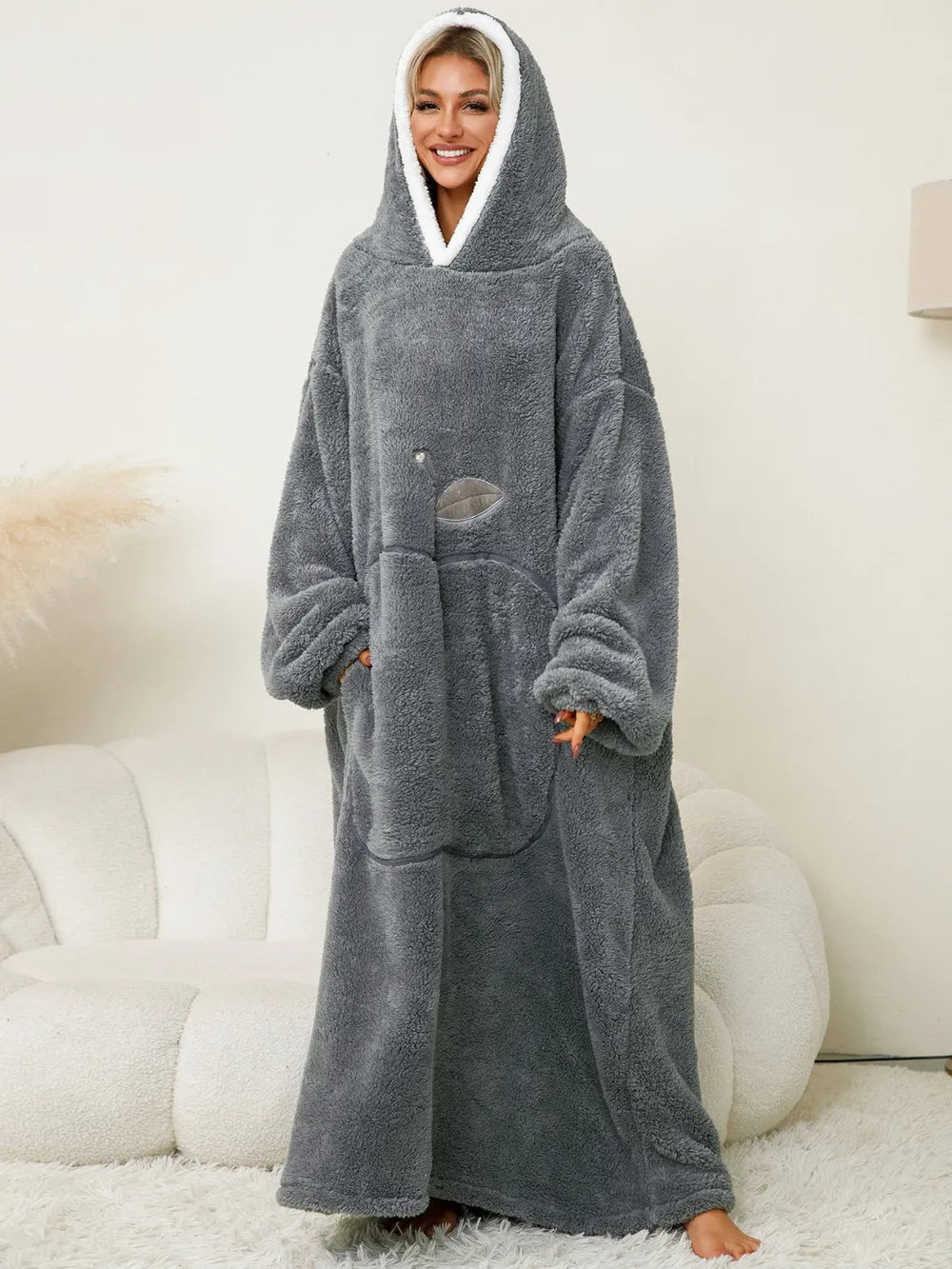 Pocketed Contrast Long Sleeve Hooded Lounge Dress - Fashorio