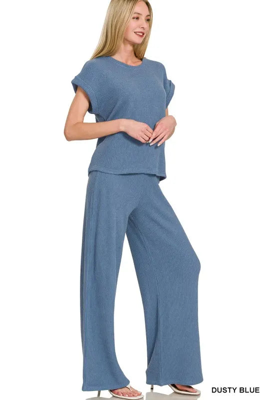 Zenana Rolled Sleeve Top and Pants Sweater Set - Fashorio