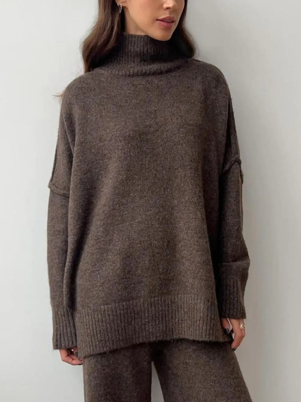 Slit Turtleneck Long Sleeve Top and Pants Sweater Set - Fashorio