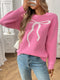 Bow Graphic Ribbed Hem Round Neck Sweater Glitter - Fashorio