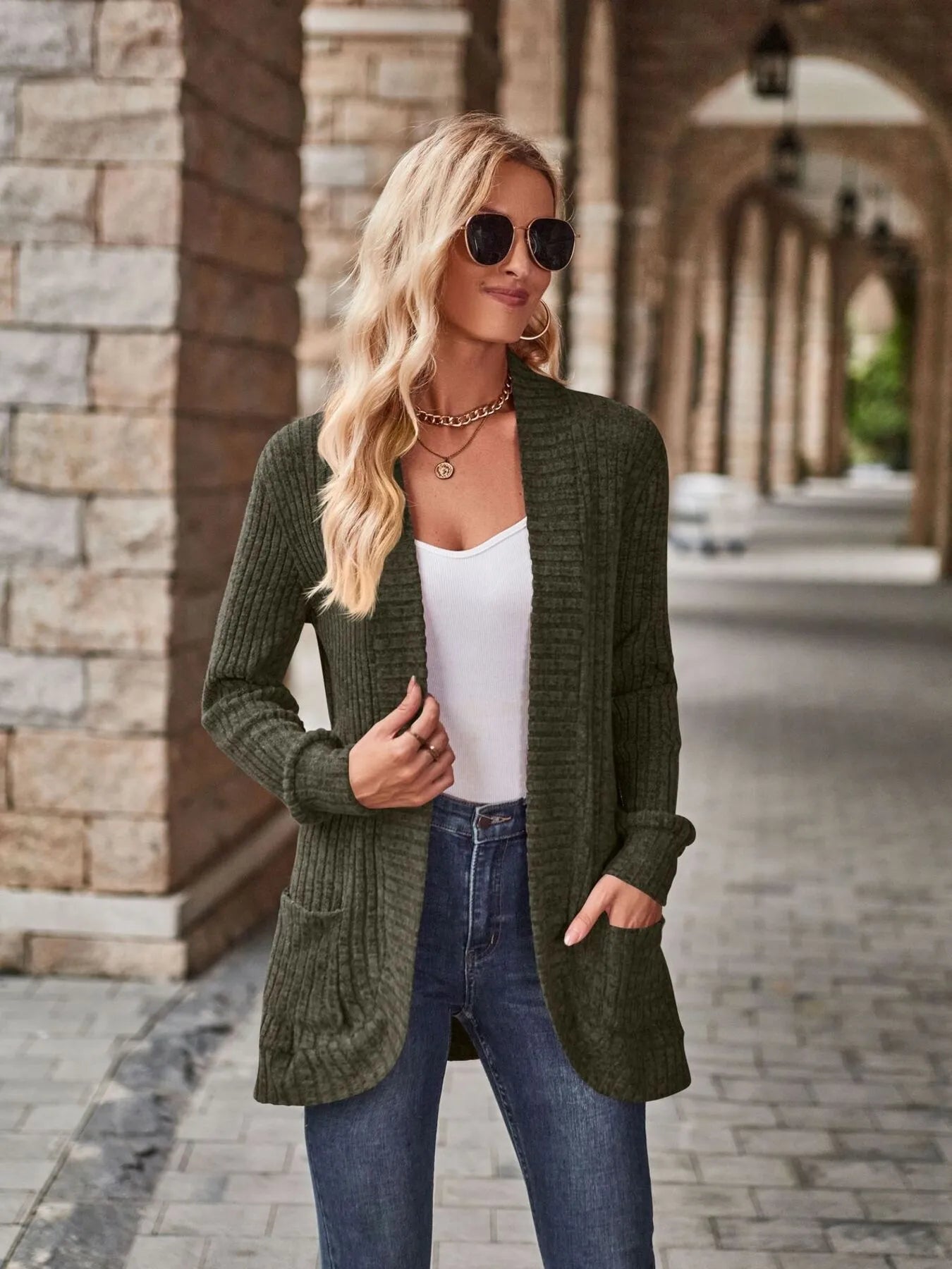Ribbed Open Front Long Cardigan with Pockets - Fashorio
