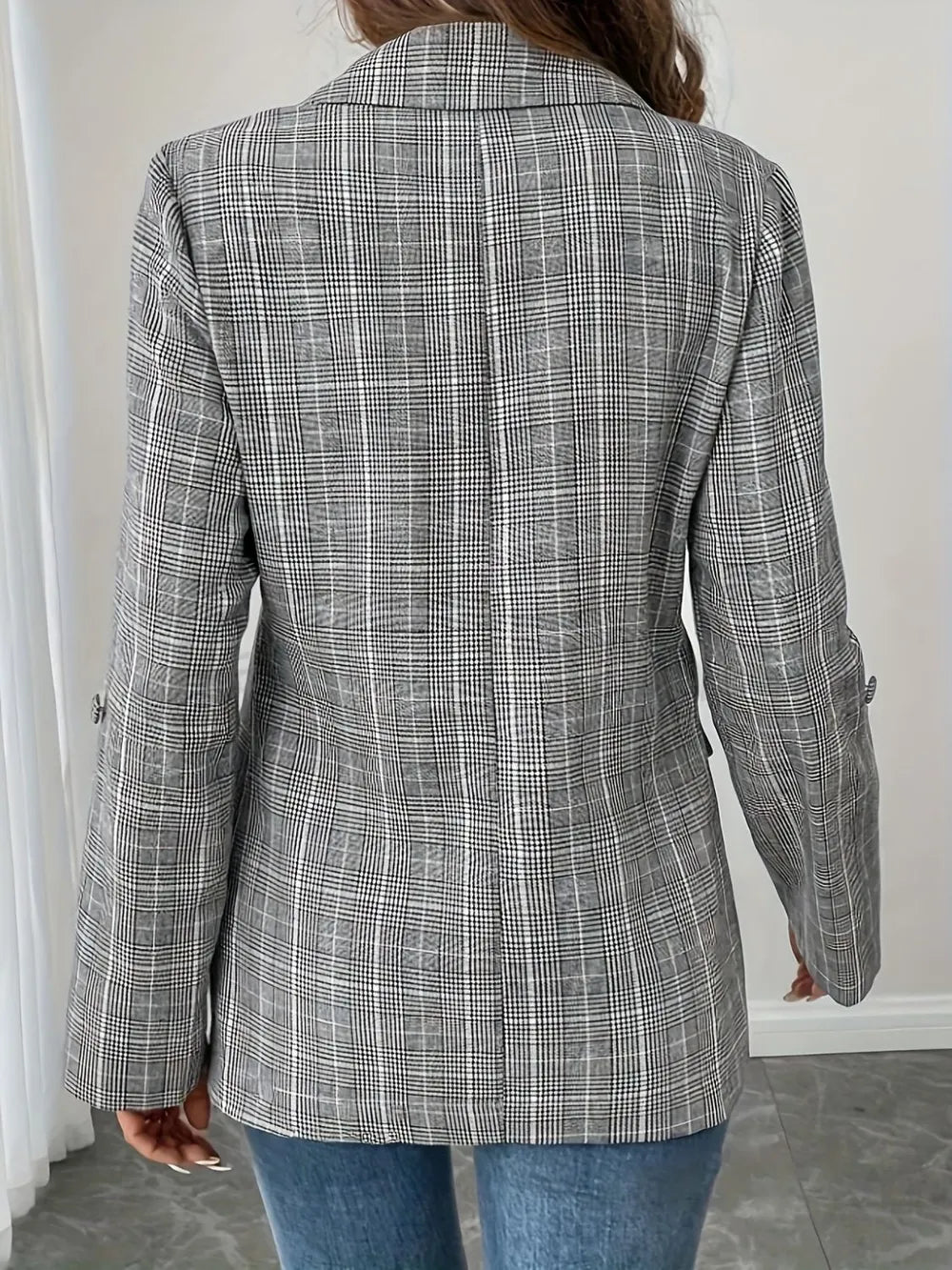 Single-Breasted Lapel Collar Plaid Blazer - Fashorio