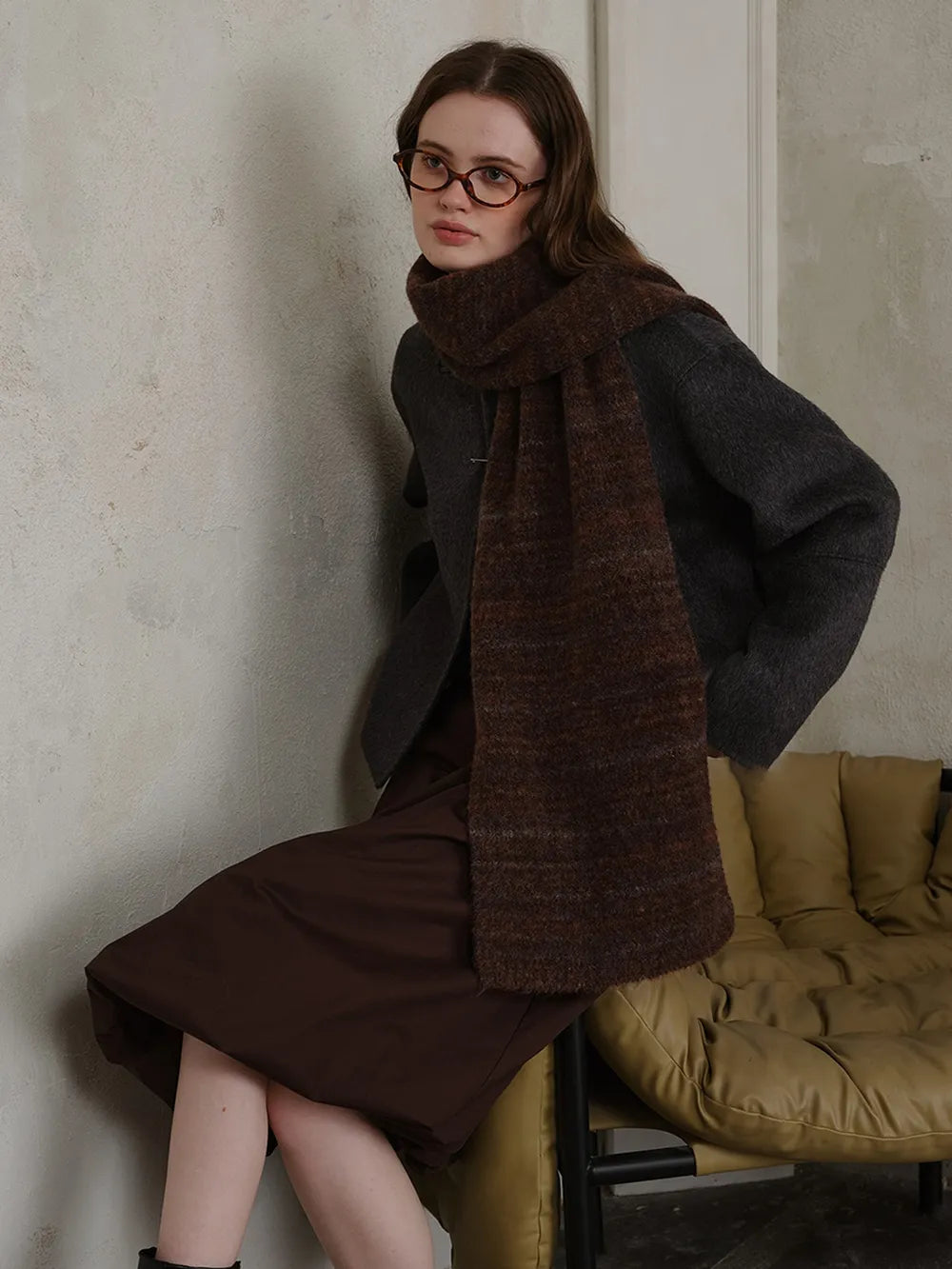 Striped Detail Knit Scarf Chocolate One Size - Fashorio