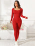 Scoop Neck Long Sleeve Active Jumpsuit Red - Fashorio
