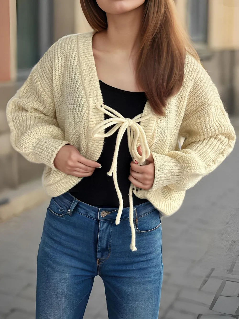 Tied Dropped Shoulder Long Sleeve Cardigan - Fashorio