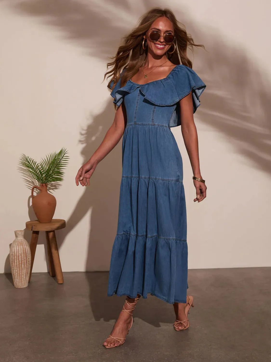 Off Shoulder Ruffle Tiered Denim Dress - Fashorio