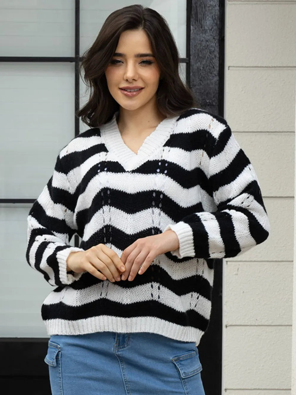 Openwork Striped V-Neck Sweater - Fashorio