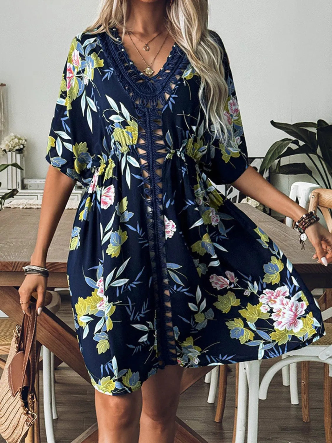 Crochet Front V-Neck Printed Cover-Up Dark Blue One Size - Fashorio