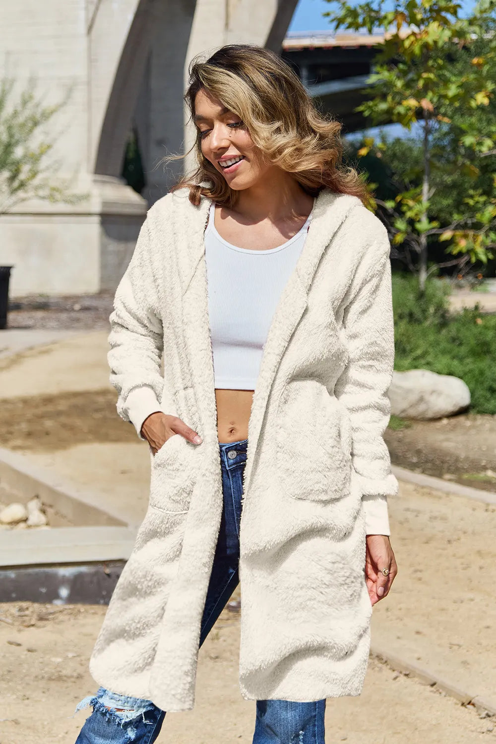 Double Take Full Size Hooded Teddy Bear Jacket with Thumbholes Cream - Fashorio