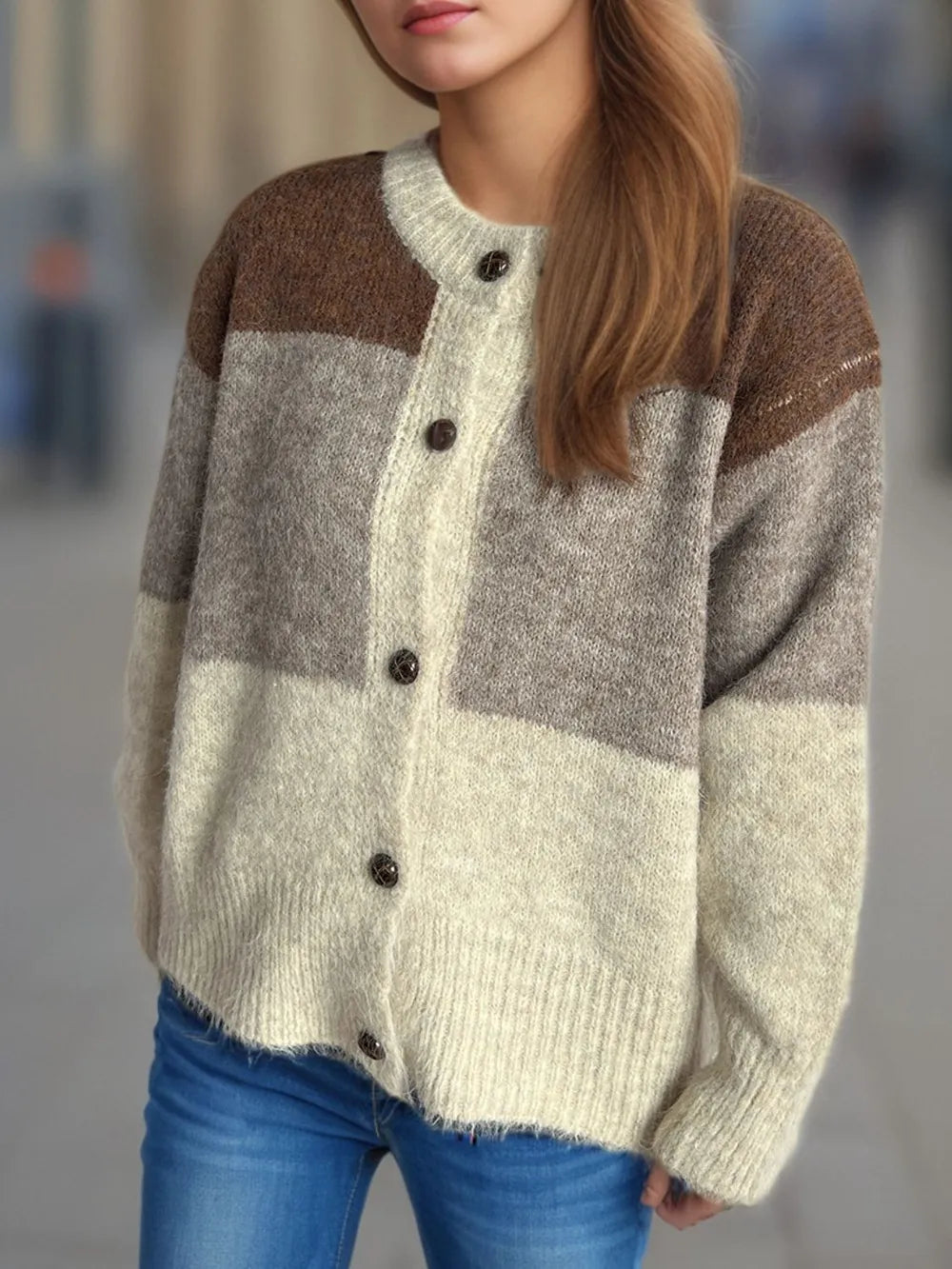 Color Block Round Neck Button Up Cardigan - Fashorio