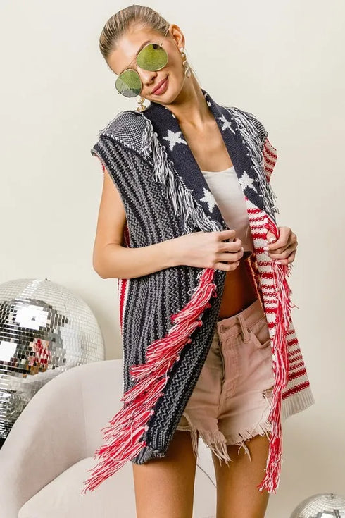 BiBi American Flag Fringe Edged Sweater Vest - Fashorio