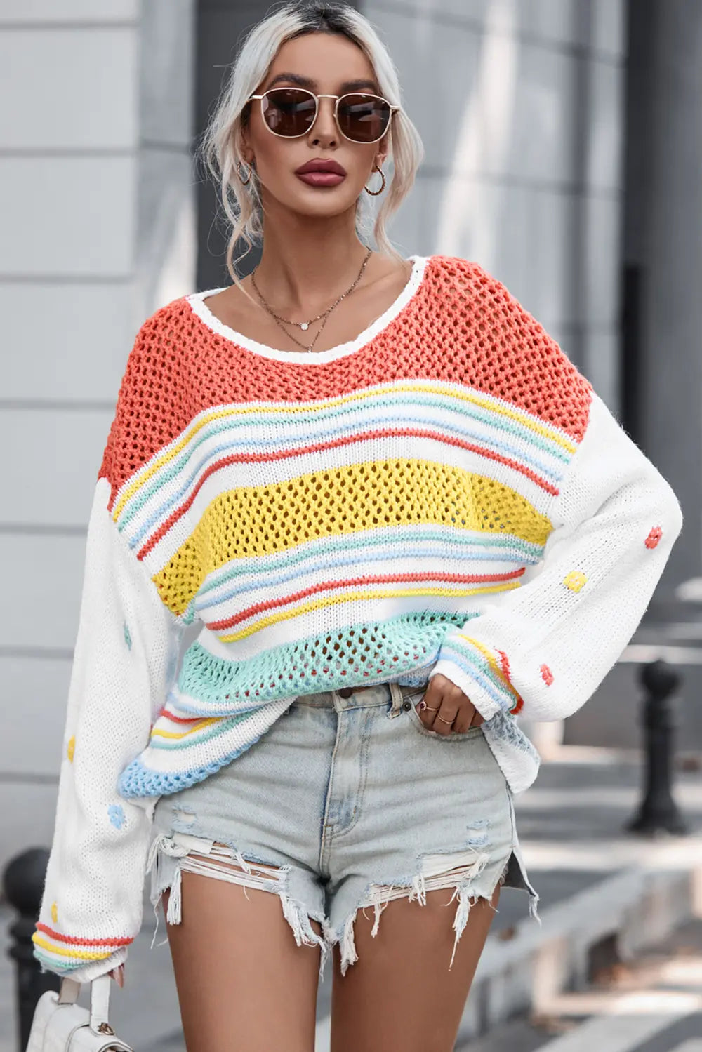 Openwork Striped Round Neck Long Sleeve Sweater Pumpkin - Fashorio