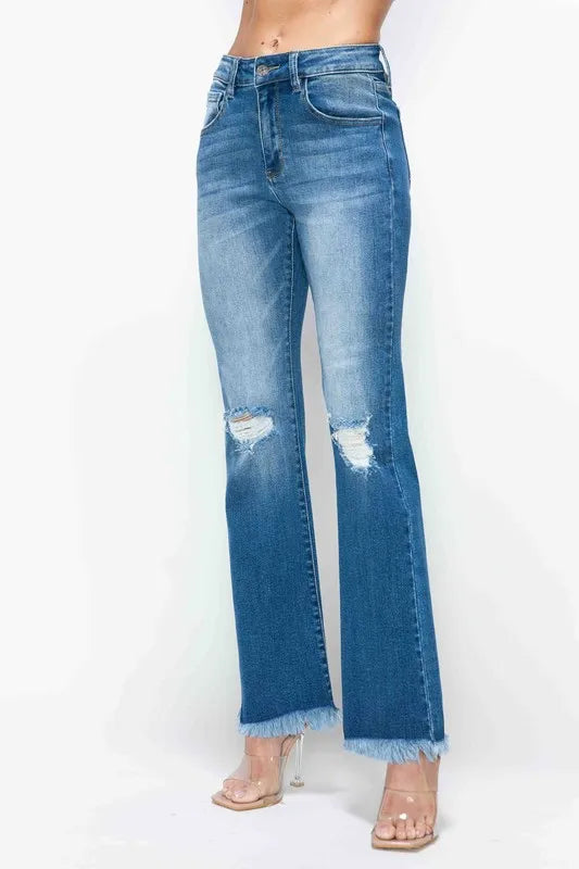 bytos Full Size Raw Hem Distressed High Rise Bootcut Jeans - Fashorio