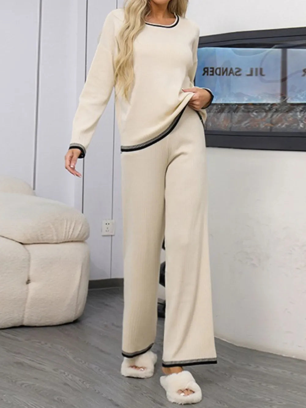 Contrast Trim Round Neck Top and Pants Sweater Set - Fashorio