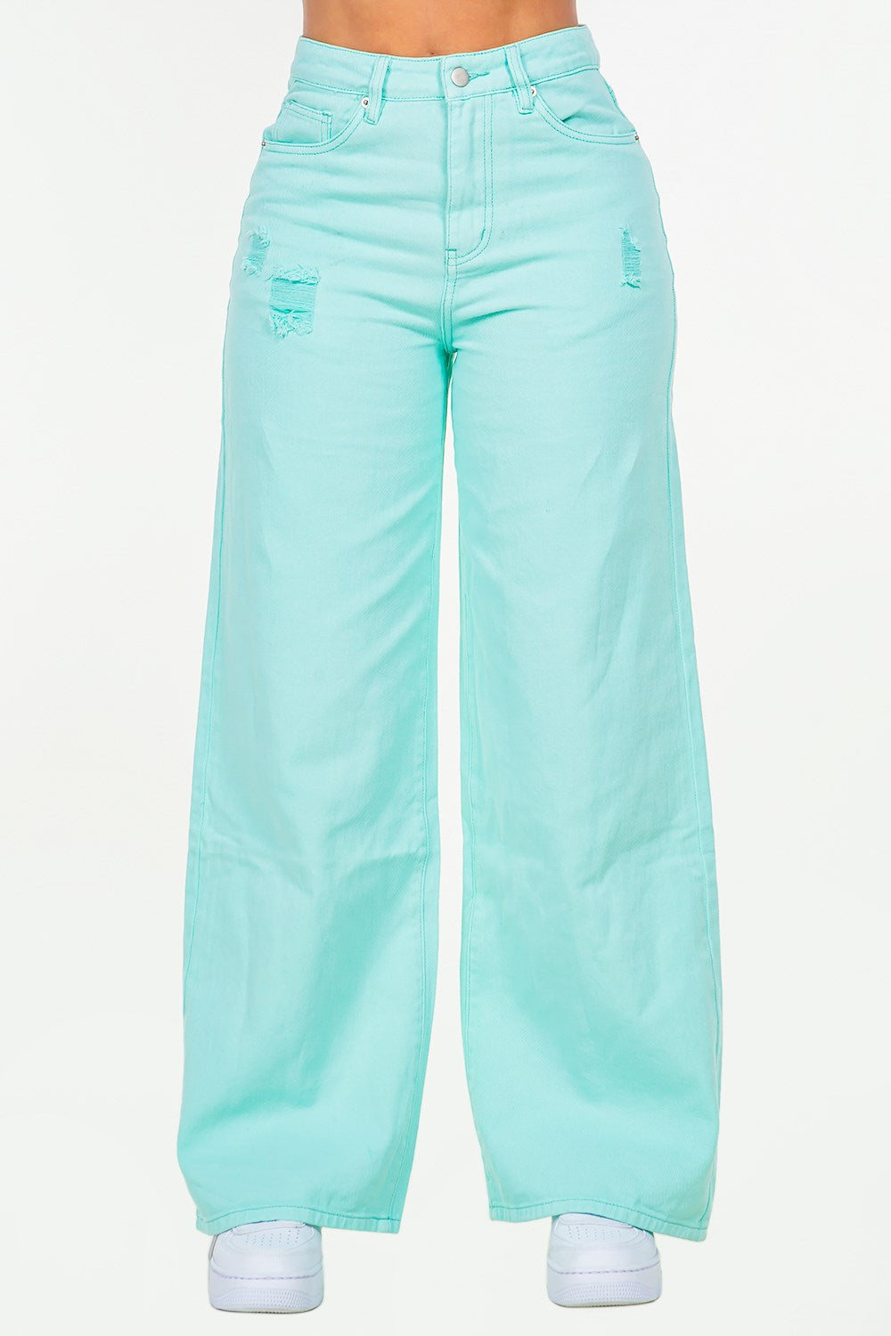 American Bazi High Waist Distressed Wide Leg Jeans Mint Blue - Fashorio