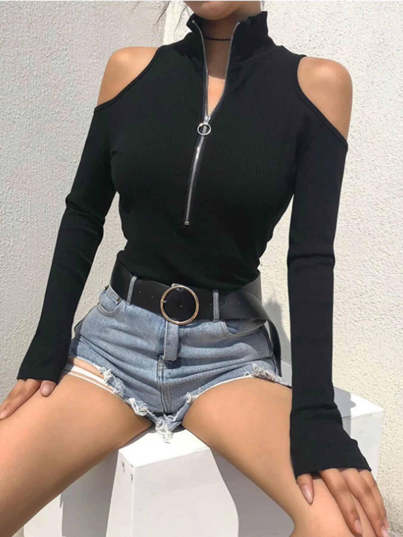 Zip Front Cold Shoulder Bodysuit - Fashorio