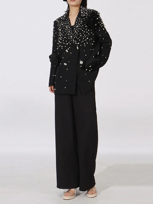 Pearl Embellished Double-Breasted Blazer - Fashorio
