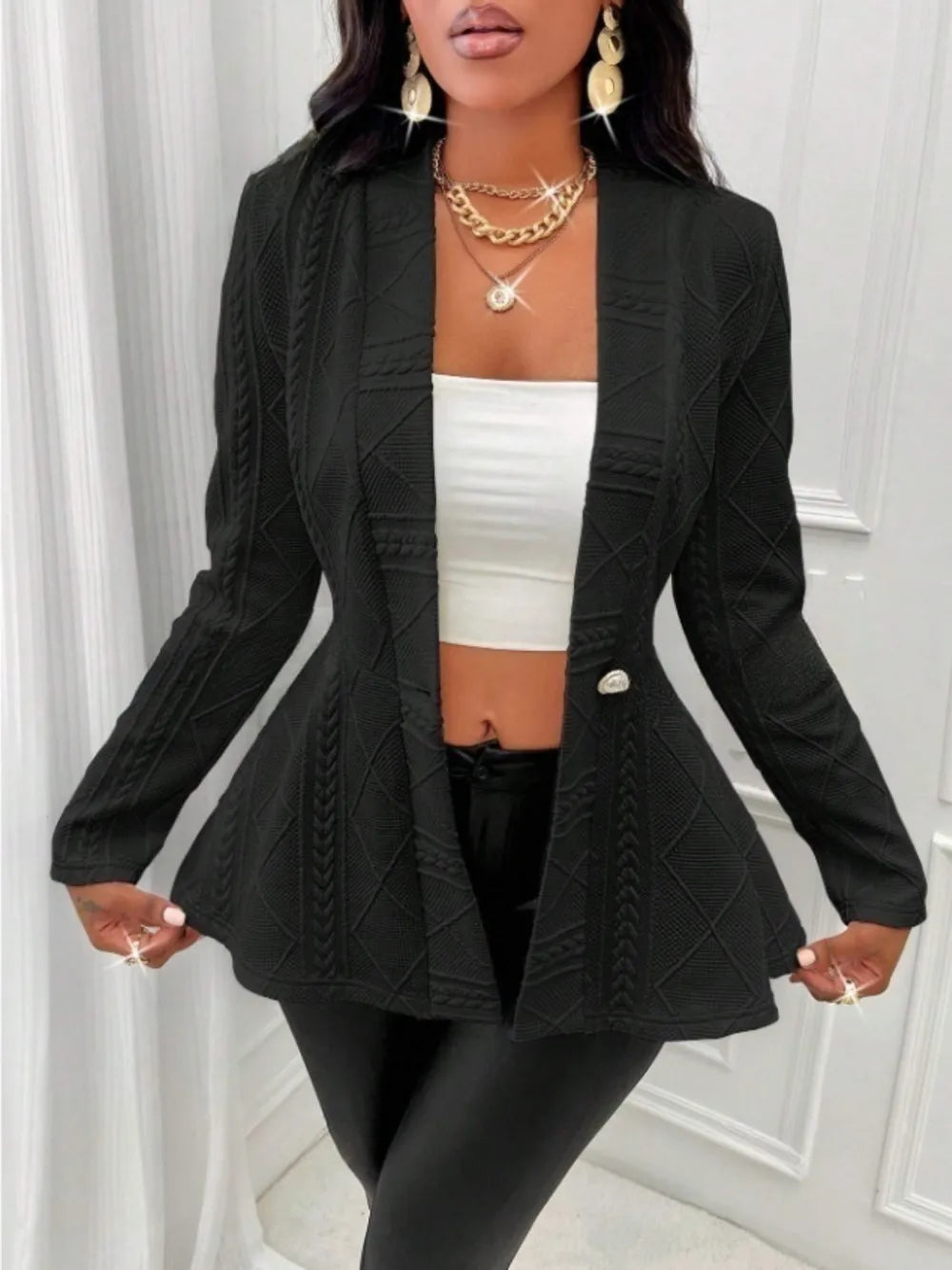 One Button Textured Peplum Cardigan - Fashorio