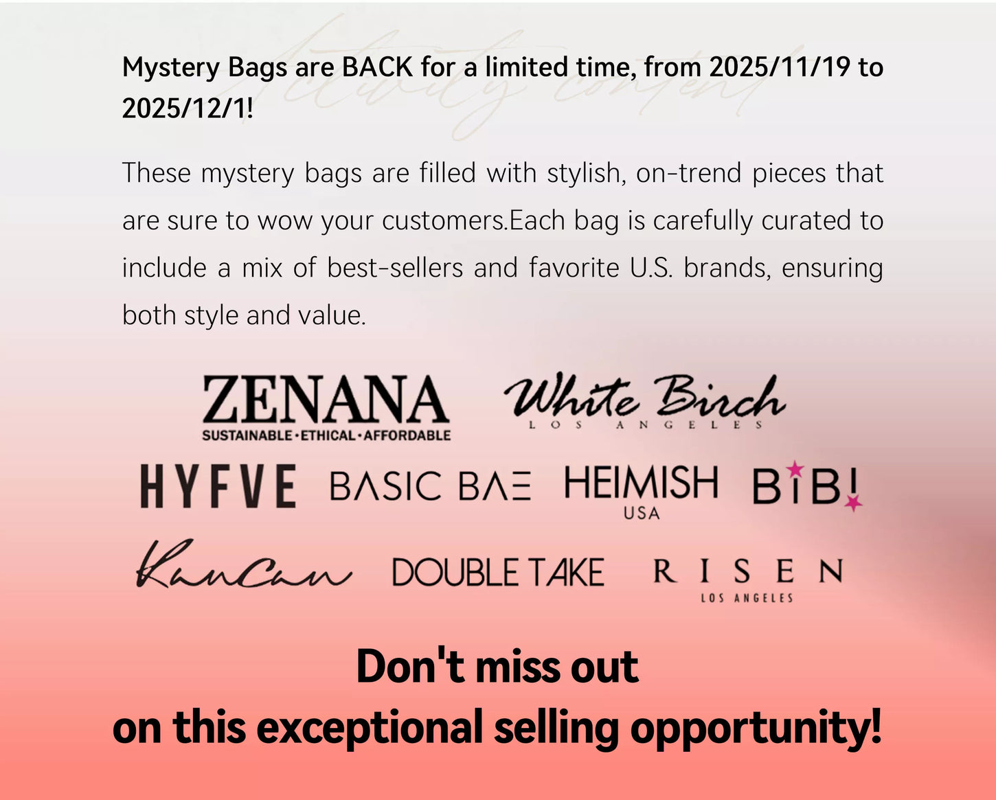 Promotional text for mystery bags with brand names on a gradient background