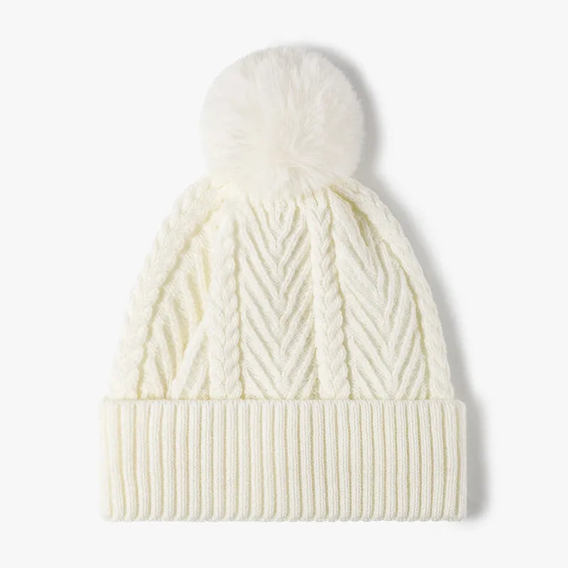 Cable Knit Solid Color Hat with Pompom Cream One Size - Fashorio
