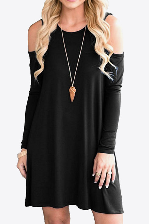 Cold-Shoulder Long Sleeve Mini Dress – Casual Round Neck Style Black - Fashorio