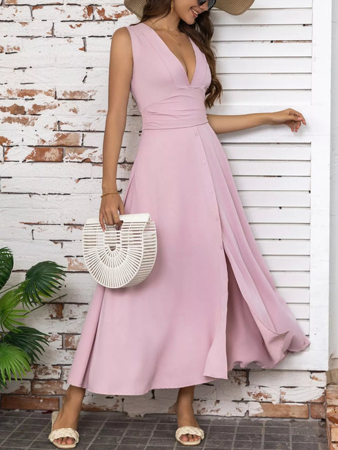 Full Size Slit V-Neck Sleeveless Dress Plus Size Pink - Fashorio
