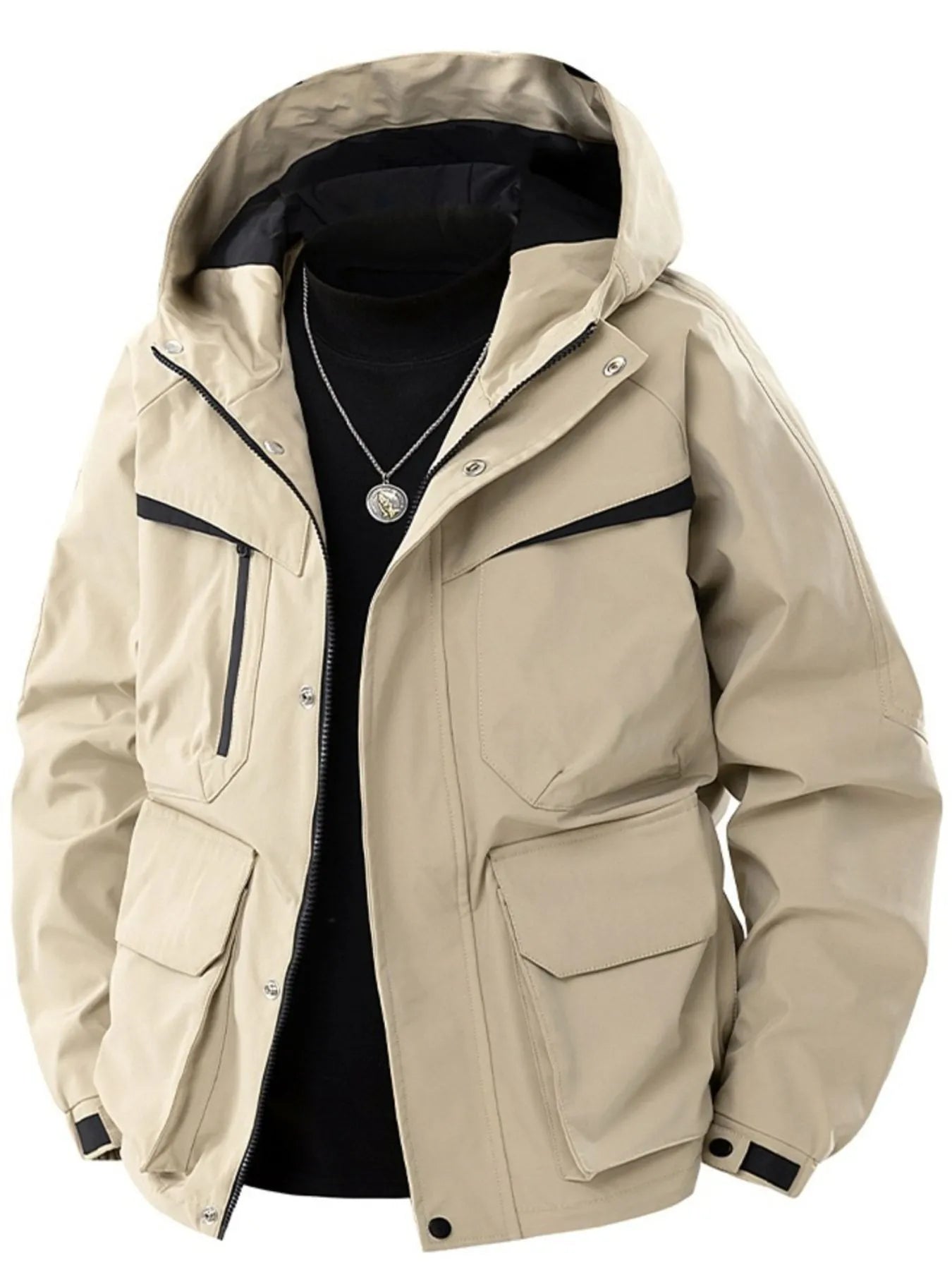 Men's Full Size Zip Up Long Sleeve Hooded Jacket Plus Size Khaki - Fashorio