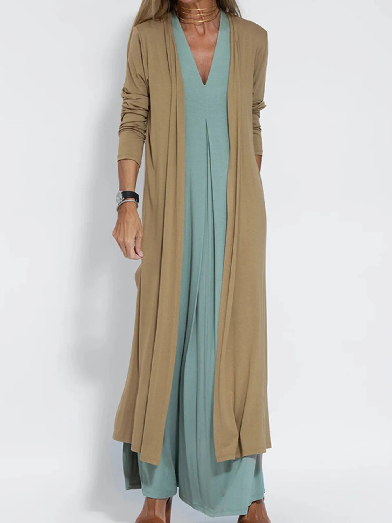 Full Size Open Front Side Slit Longline Cardigan Plus Size Caramel - Fashorio