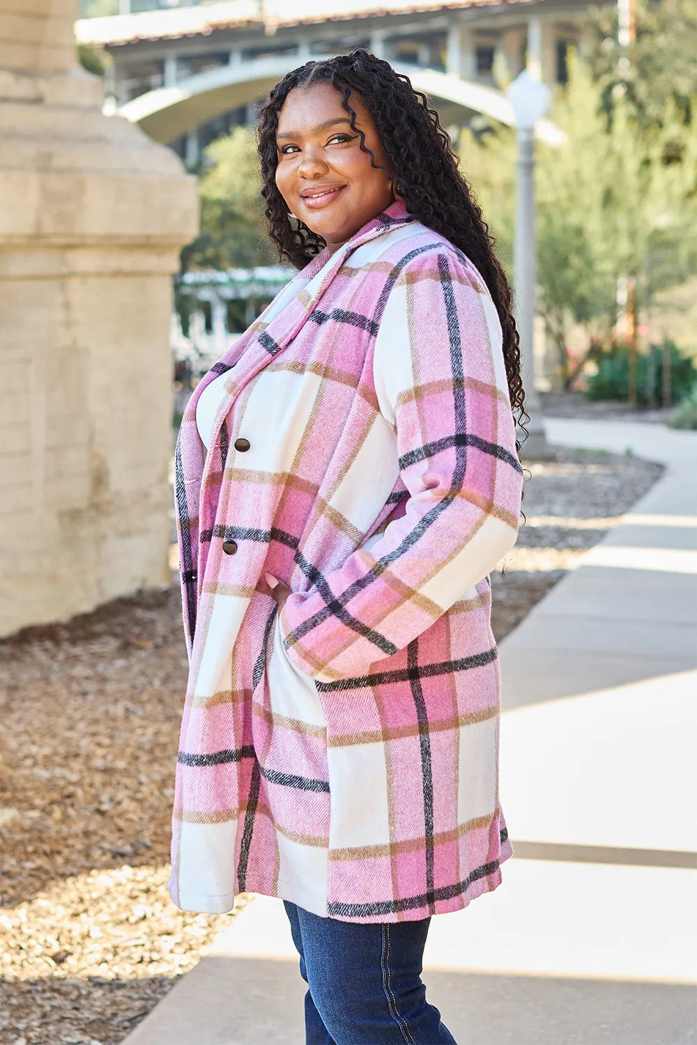 Double Take Full Size Plaid Button Up Lapel Collar Coat - Fashorio