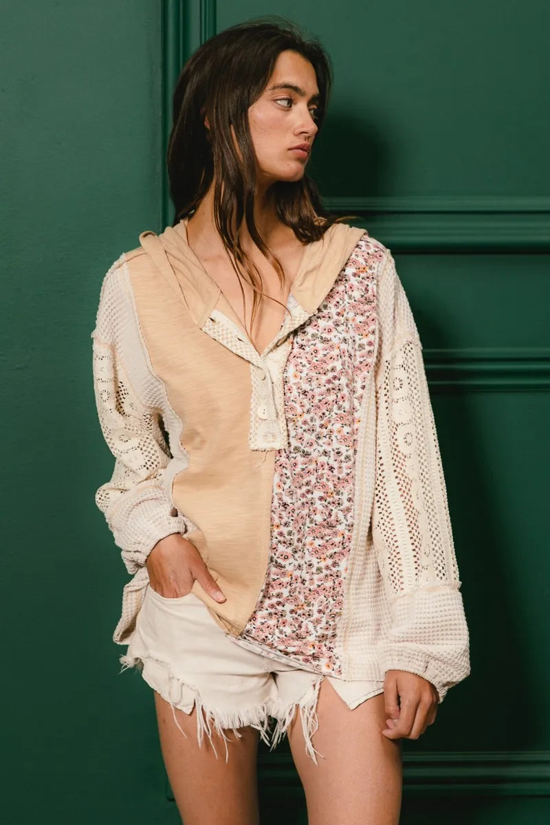 BiBi Slub Jersey with Lace Combo Buttoned Hoodie Top - Fashorio